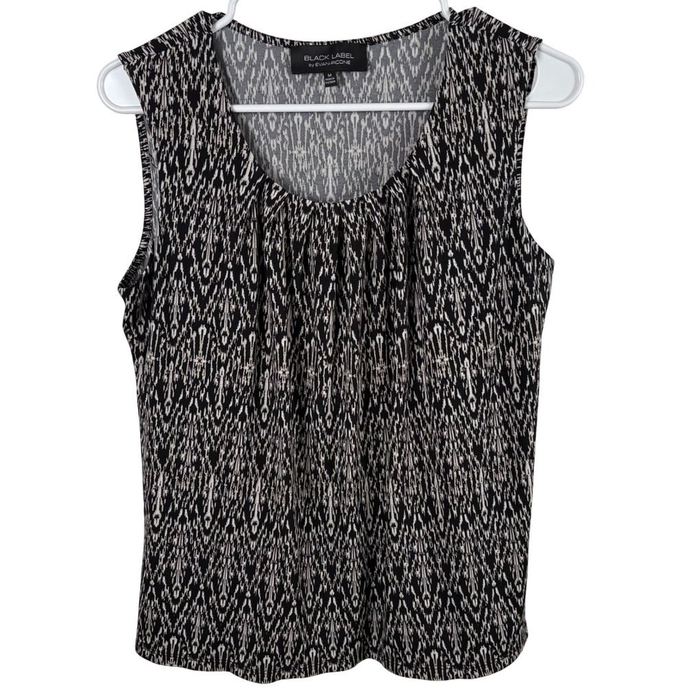 Black Label by Evan-Picone Tank Top M Black White Ikat Shell Interview Outfit